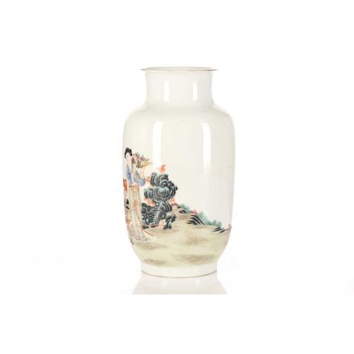 287 - A Chinese rolwagen vase, Republic period, finely painted with a lady with three attendants in a gard... 