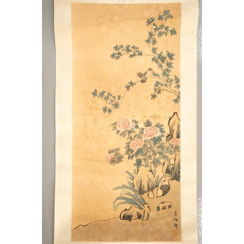 292 - After Jin Cheng, a scroll painting of birds and peony, watercolour on paper, image 91cm x 42cmSpots ... 