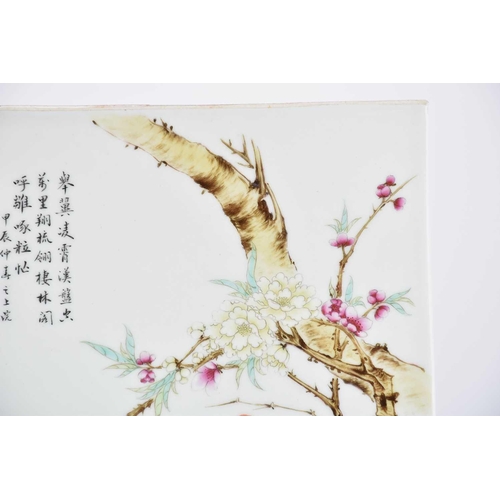 293 - A large Chinese porcelain plaque, 20th century, possibly Republic period, painted with three pigeons... 