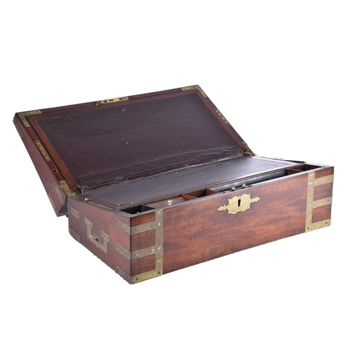 302 - A 19th-century brass-bound mahogany campaign style writing slope, with fitted a removable book rest ... 