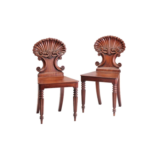 305 - A pair of George IV mahogany shell backed hall chairs, possibly by Gillows of Lancaster, Each with s... 