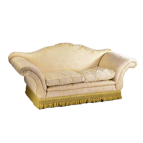 321 - A pair of Harrods camel back two-seat sofas with stuff over pale gold Damask upholstery with scroll ... 