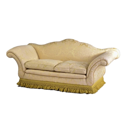 321 - A pair of Harrods camel back two-seat sofas with stuff over pale gold Damask upholstery with scroll ... 