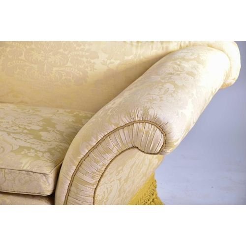 321 - A pair of Harrods camel back two-seat sofas with stuff over pale gold Damask upholstery with scroll ... 