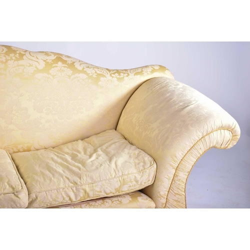 321 - A pair of Harrods camel back two-seat sofas with stuff over pale gold Damask upholstery with scroll ... 