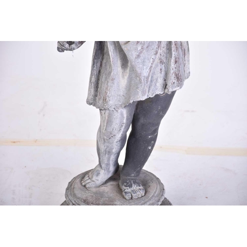 328 - A Victorian-style cast lead garden figure of a child on a circular moulded socle base. 67 cm overall... 