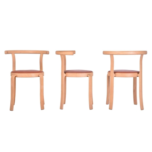 330 - Thygesen & Sorensen for Magnus Olesen, a set of six stackable beechwood dining chairs. 41 cm wide x ... 