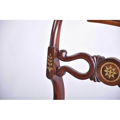 335 - A set of four Regency brass inlaid mahogany side chairs with turned backrest and pierced and shaped ... 