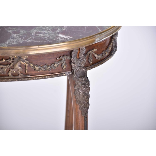 336 - A Louis XVI style mahogany topped oval side table with single frieze drawer and with gilt metal moun... 