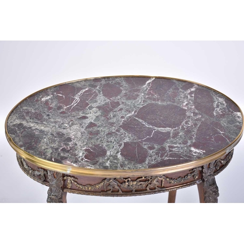 336 - A Louis XVI style mahogany topped oval side table with single frieze drawer and with gilt metal moun... 