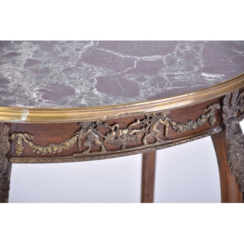 336 - A Louis XVI style mahogany topped oval side table with single frieze drawer and with gilt metal moun... 