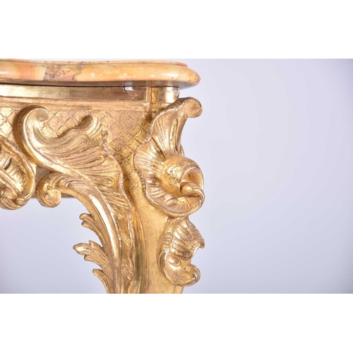 346 - An 18th-century marble topped carved wood and gilt gesso console table with shaped cabriole supports... 