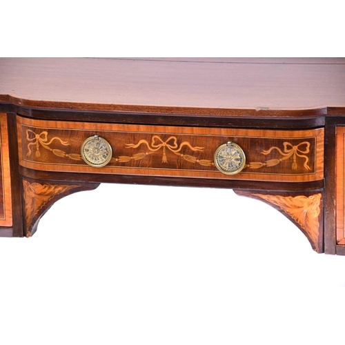 363 - An Edwardian marquetry inlaid mahogany break bow-fronted kneehole side table with satinwood crossban... 