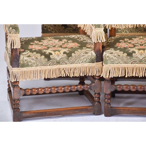 365 - A set of Charles II style oak farthingale dining chairs, early 20th century, comprising two carver c... 