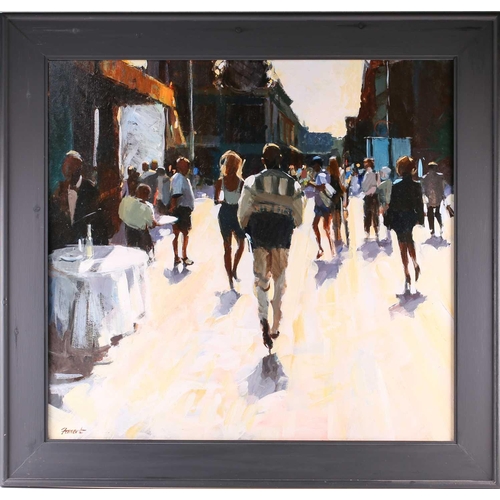 37 - † David Farrant (b.1938), 'Plaza Mayor', 2001, oil on panel, signed to lower left corner, signed and... 