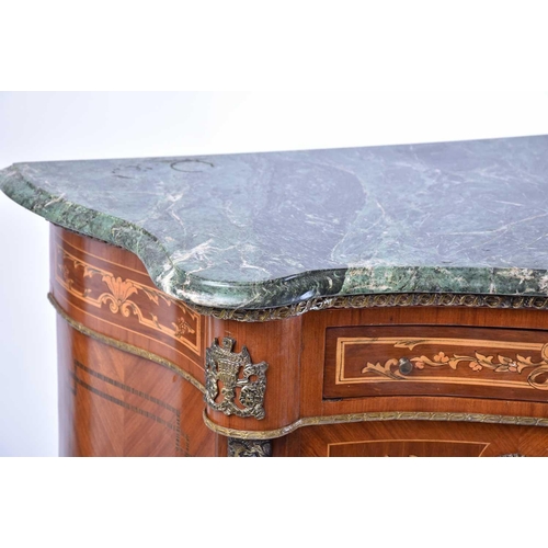 370 - A 19th-century style walnut and marquetry serpentine two-door chiffonier with green marble top and g... 