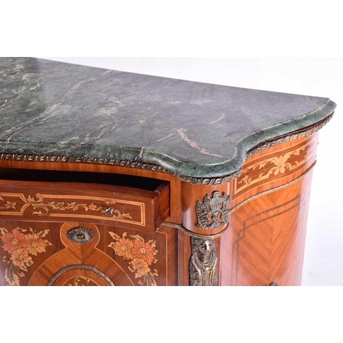 370 - A 19th-century style walnut and marquetry serpentine two-door chiffonier with green marble top and g... 