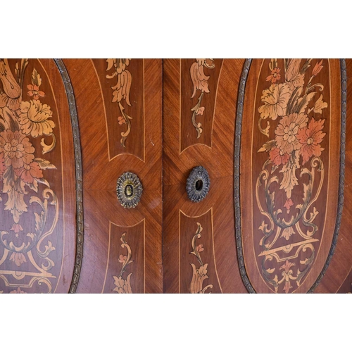 370 - A 19th-century style walnut and marquetry serpentine two-door chiffonier with green marble top and g... 