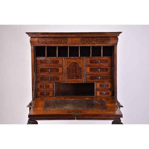 378 - A William & Mary 'Seaweed' marquetry and walnut escritoire on stand with shaped bolection drawer, th... 