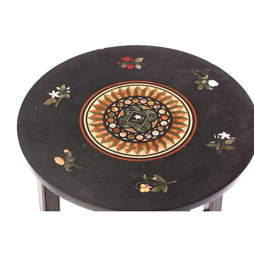 381 - An Italian Pietra Dura circular topped occasional table, the black ground with floral and geometric ... 