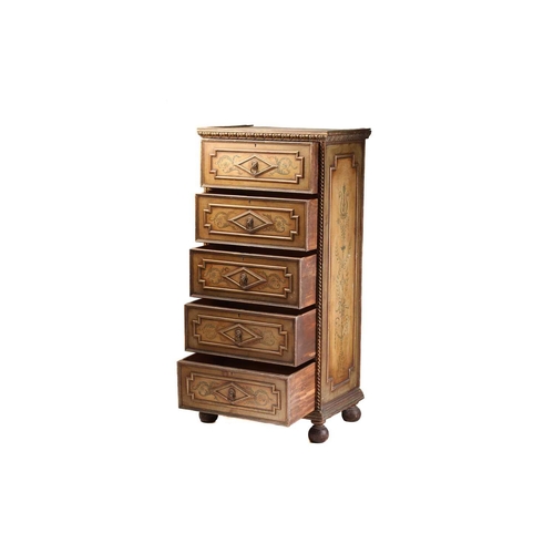 388 - An early 20th-century decoratively painted pedestal chest of five drawers, with moulded top and draw... 