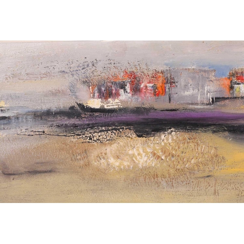 39 - † Richard Kingston (1922-2003), 'Outskirts', oil on board, signed to lower left corner, 21.5 cm x 60... 