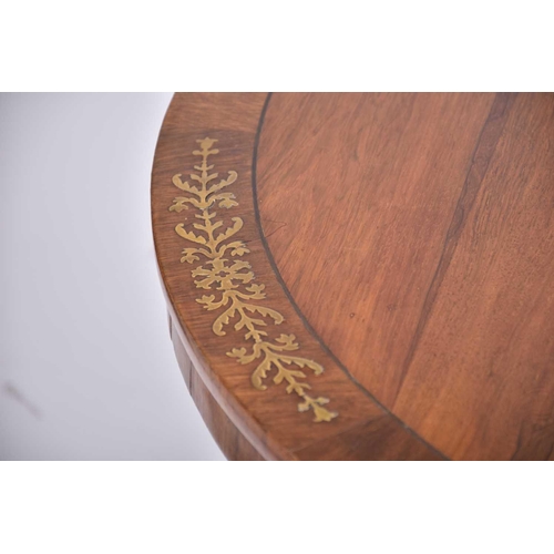 398 - A Regency figured rosewood and brass inlaid circular breakfast table with stylized honeysuckle borde... 