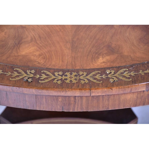 398 - A Regency figured rosewood and brass inlaid circular breakfast table with stylized honeysuckle borde... 