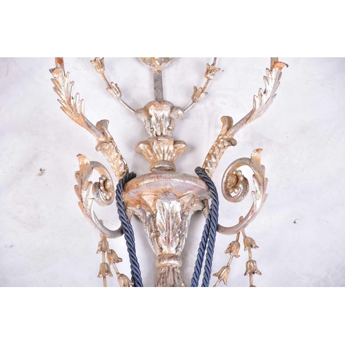 418 - A pair of carved wood and gilt lacquered neo-classical two branch wall lights with electric flickeri... 