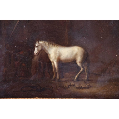 42 - 19th century school, study of a white horse in a stable, unsigned oil on panel, 24.5 cm x 28.5 cm in... 