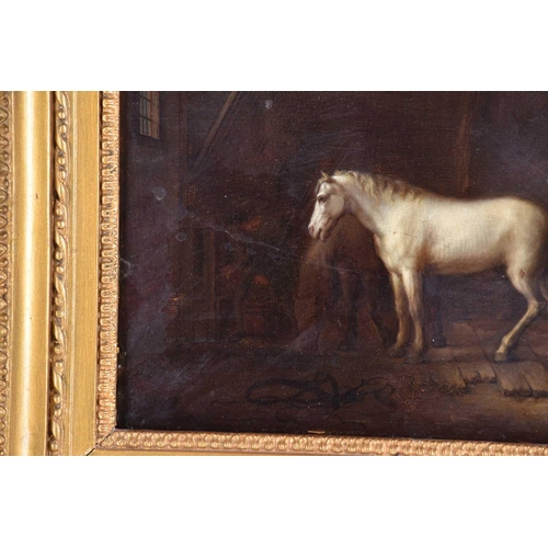 42 - 19th century school, study of a white horse in a stable, unsigned oil on panel, 24.5 cm x 28.5 cm in... 