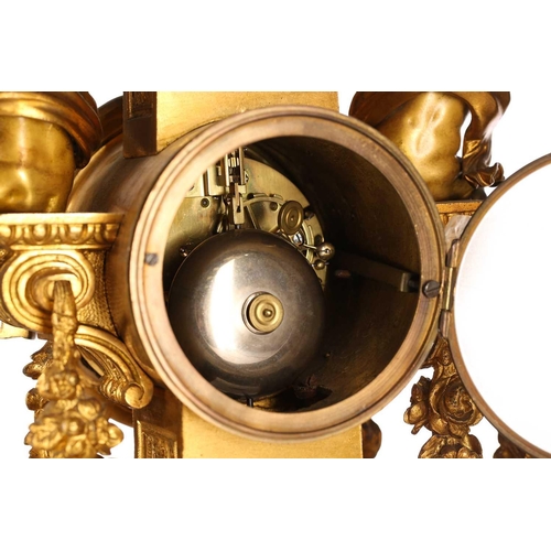 425 - A late 19th century Samuel Marti et Cie 8-day ormolu mantle clock with flaming urn finial and inset ... 