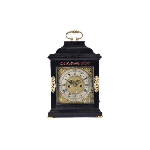 429 - A George I/II ebonized twin fusee repeat chiming table clock, The inverted bell top case with a well... 