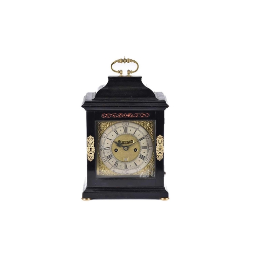 429 - A George I/II ebonized twin fusee repeat chiming table clock, The inverted bell top case with a well... 