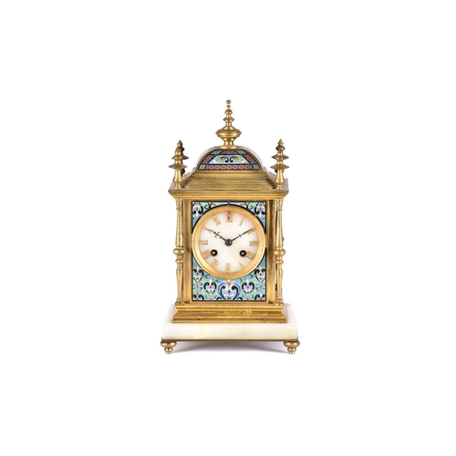 431 - A French gilt metal and champleve enamel mantel clock, 19th century, with turned finials and columns... 