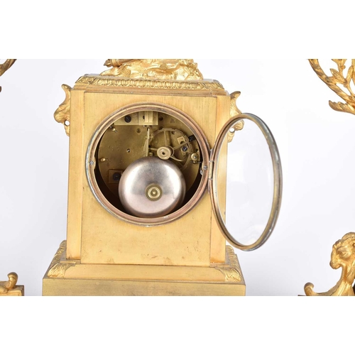 435 - A matched gilt metal clock garniture, 19th century, each with Paris porcelain panels, the clock with... 