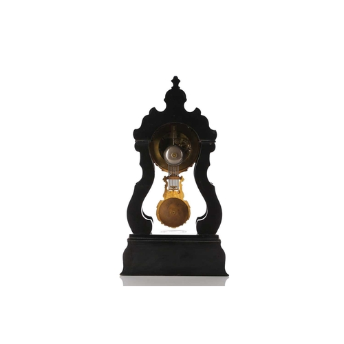 439 - A French ebonised lyre-shaped 8-day portico mantle clock,19th century by Marti and Sons, the case in... 