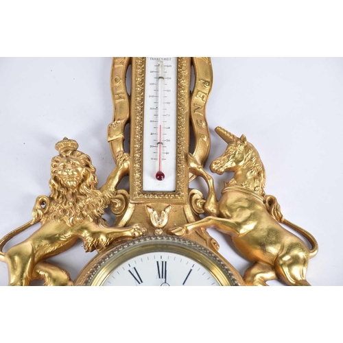 446 - A 20th-century combination gilt wall clock aneroid barometer, thermometer in an armorial gilt cast i... 