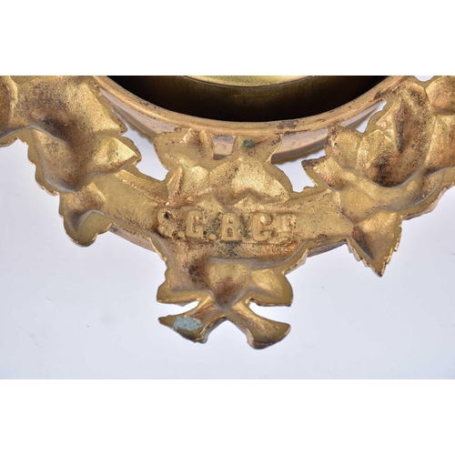 446 - A 20th-century combination gilt wall clock aneroid barometer, thermometer in an armorial gilt cast i... 