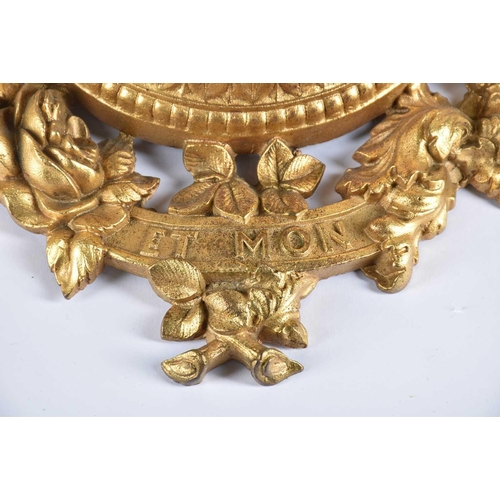 446 - A 20th-century combination gilt wall clock aneroid barometer, thermometer in an armorial gilt cast i... 