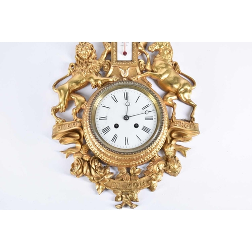 446 - A 20th-century combination gilt wall clock aneroid barometer, thermometer in an armorial gilt cast i... 