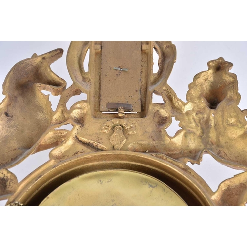 446 - A 20th-century combination gilt wall clock aneroid barometer, thermometer in an armorial gilt cast i... 