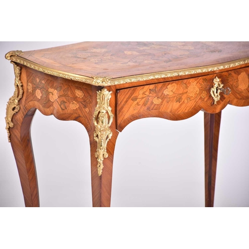 450 - A Louis XVI style floral marquetry and Kingwood and tulip wood side table with cartouch shaped top a... 