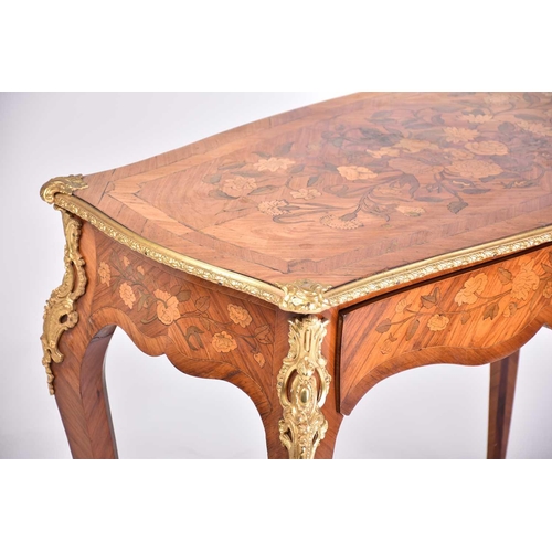 450 - A Louis XVI style floral marquetry and Kingwood and tulip wood side table with cartouch shaped top a... 