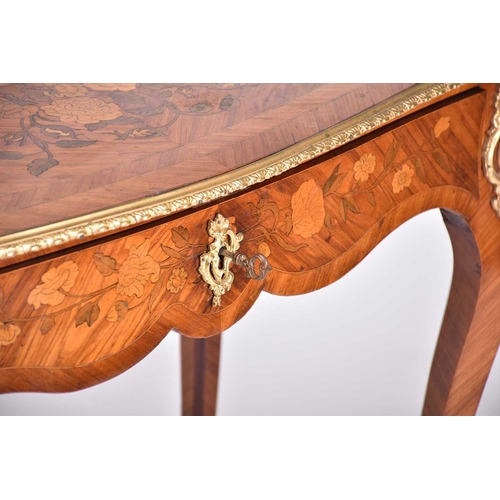 450 - A Louis XVI style floral marquetry and Kingwood and tulip wood side table with cartouch shaped top a... 