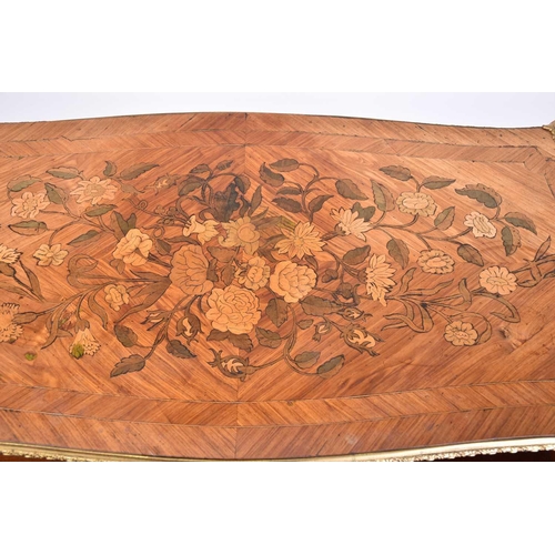 450 - A Louis XVI style floral marquetry and Kingwood and tulip wood side table with cartouch shaped top a... 