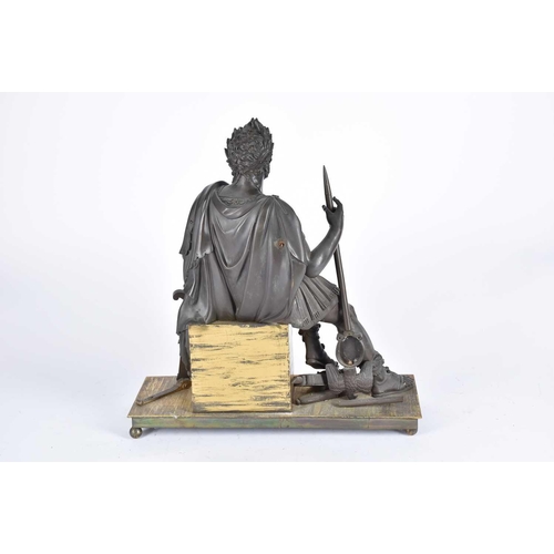 458 - A 19th century French bronze, modelled as a seated Roman Emperor, holding a scroll and resting his a... 