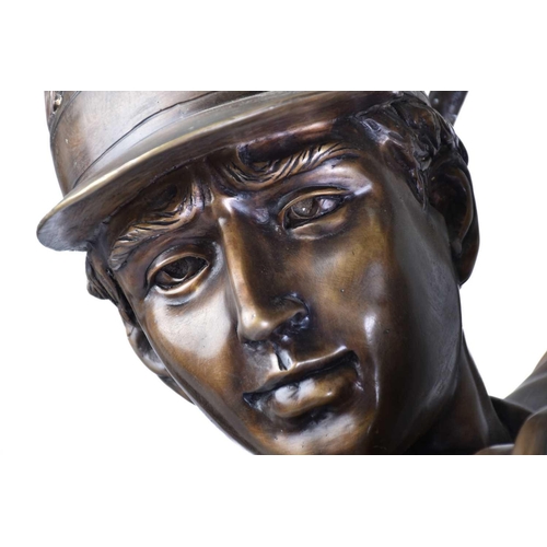 460 - A contemporary life-size cast bronze figure of a gentleman golfer in full swing on a naturalistic ba... 