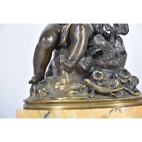 461 - A pair of 19th century Italian bronze cherubs, each seated on a rock, one with birds, the other with... 