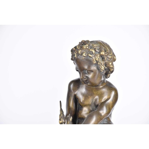 461 - A pair of 19th century Italian bronze cherubs, each seated on a rock, one with birds, the other with... 